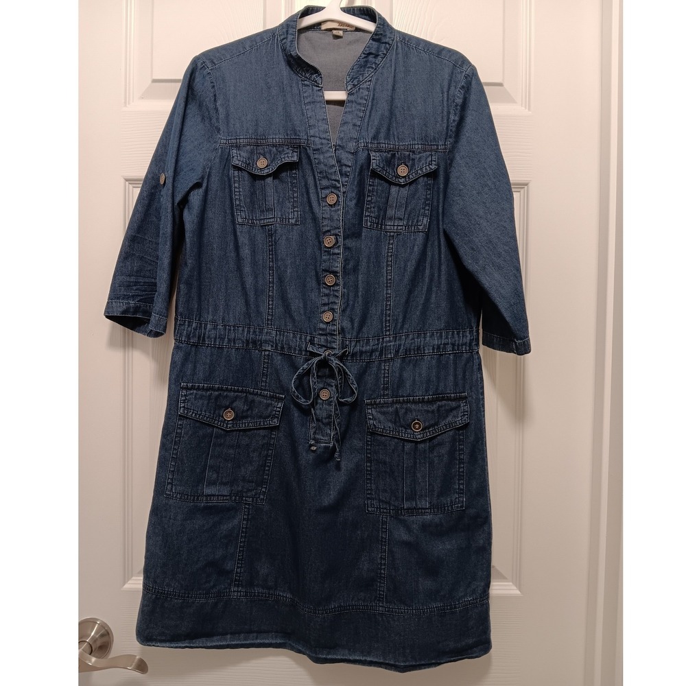 Be Bop Womens Blue Denim Utility Shirt Dress Medium Roll Tab Sleeve Button Front